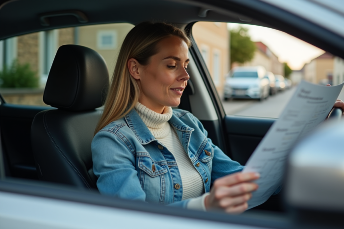 femme-papiers-voiture-residentiel Femme dans sa voiture regardant un document d'immatriculation
