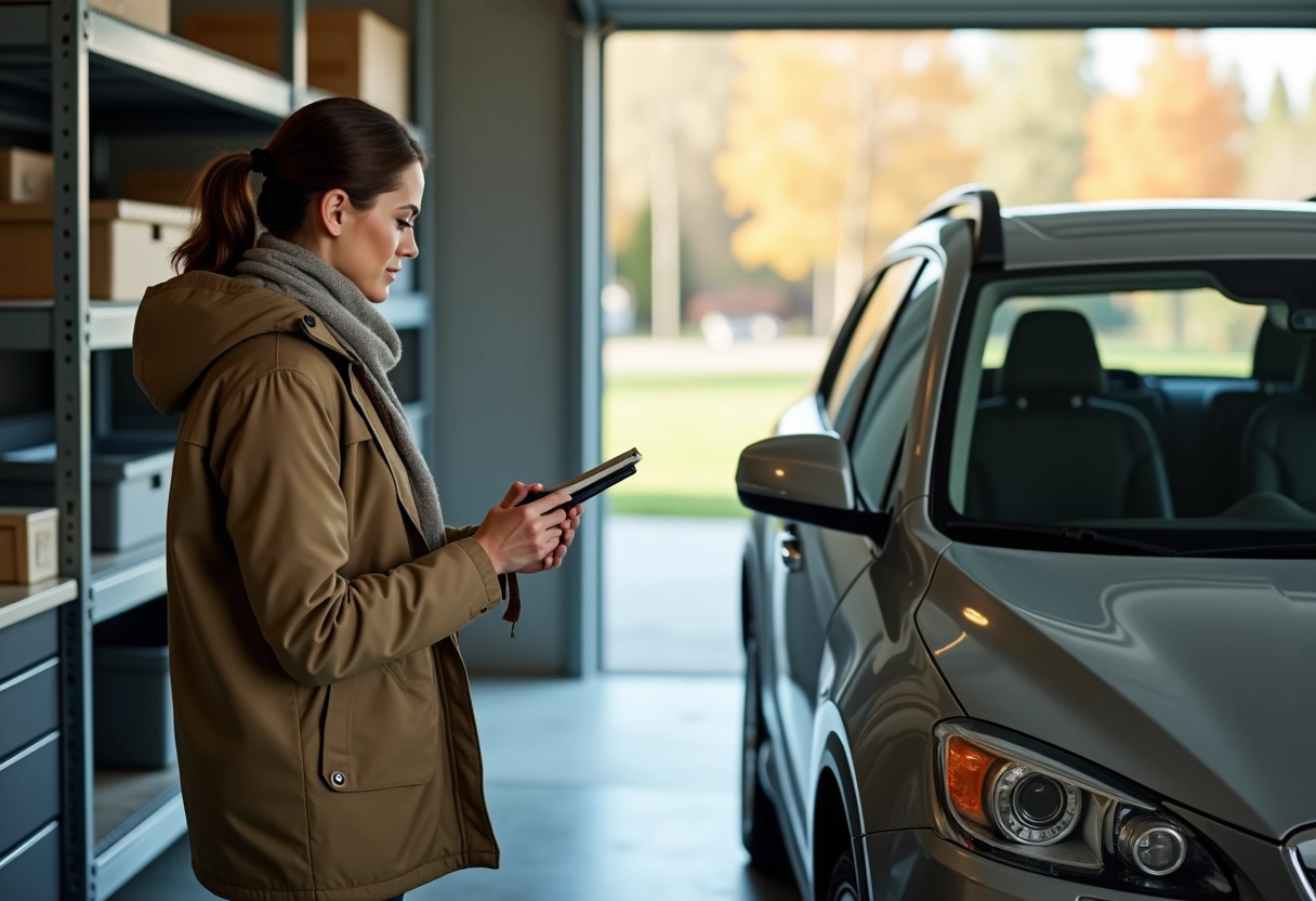 Femme note les mesures dans un garage résidentiel