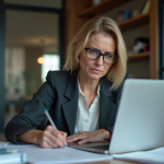 Femme professionnelle en bureau moderne en pleine réflexion