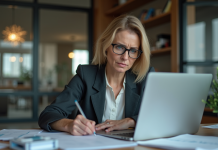 Femme professionnelle en bureau moderne en pleine réflexion