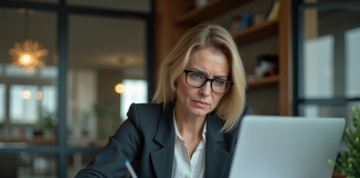 Femme professionnelle en bureau moderne en pleine réflexion