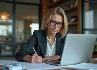 Femme professionnelle en bureau moderne en pleine réflexion