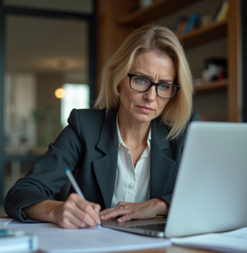Femme professionnelle en bureau moderne en pleine réflexion