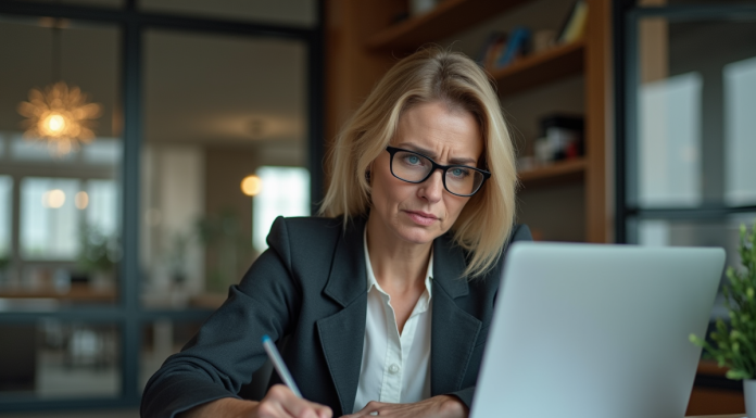 Femme professionnelle en bureau moderne en pleine réflexion
