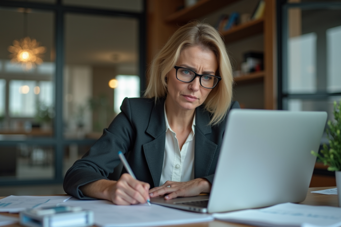 Femme professionnelle en bureau moderne en pleine réflexion