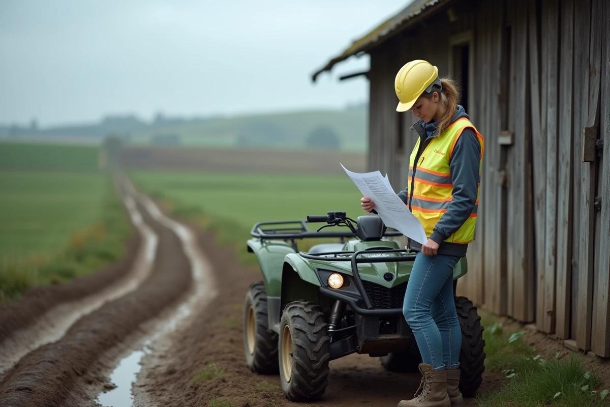 Femme casquée consultant un document réglementaire debout à côté d'un quad agricole sur un chemin boueux de ferme