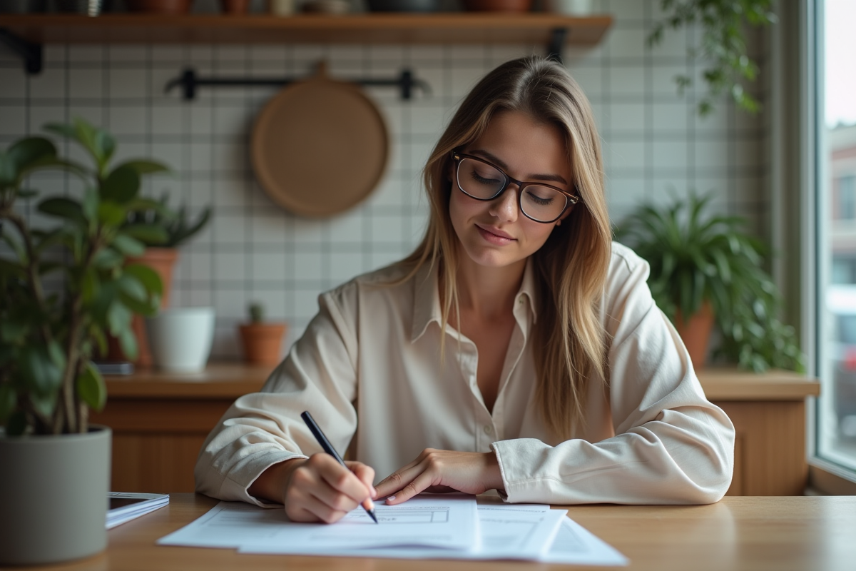 Jeune femme remplissant un formulaire de permis dans sa cuisine à la maison