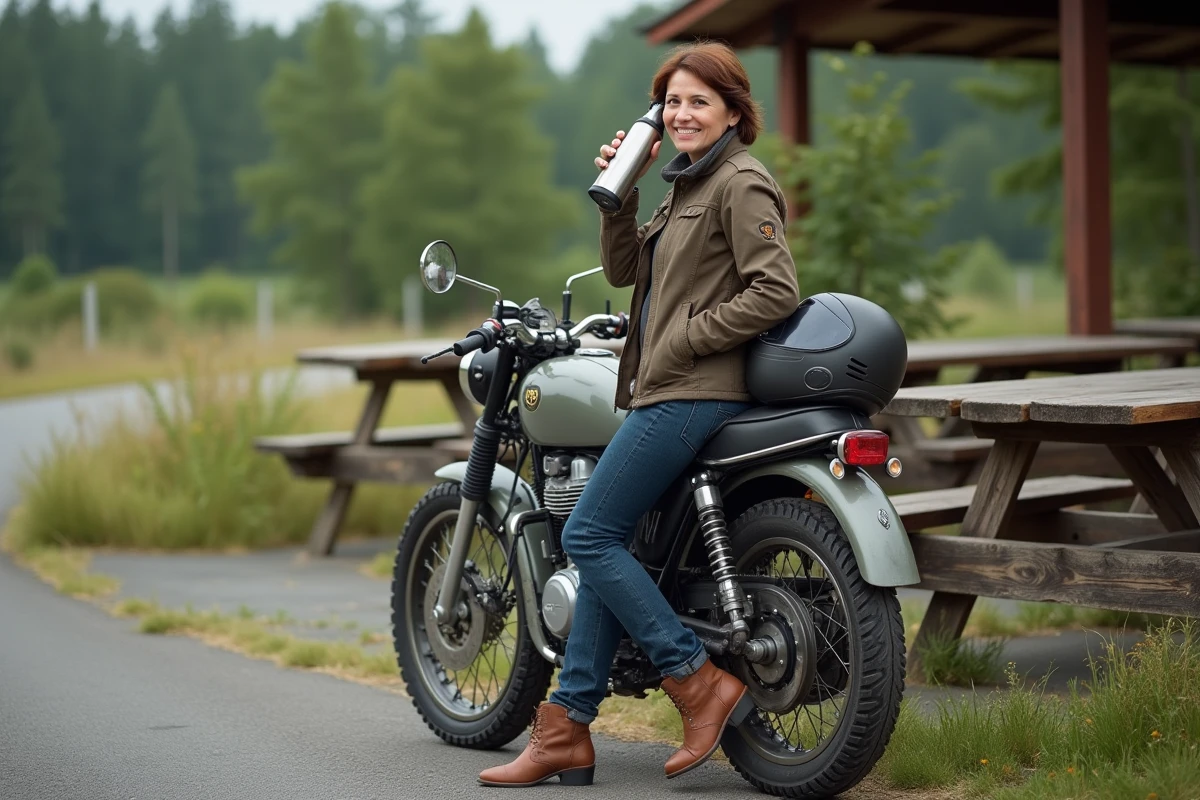 Femme souriante avec moto vintage au repos
