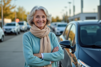 Femme retraitée souriante à côté d'une voiture en concession