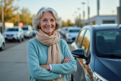 Femme retraitée souriante à côté d'une voiture en concession