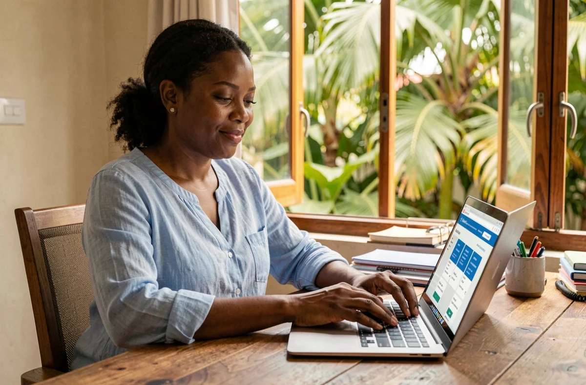 Femme réunionnaise comparant des devis d'assurance auto en ligne sur un ordinateur portable depuis son domicile