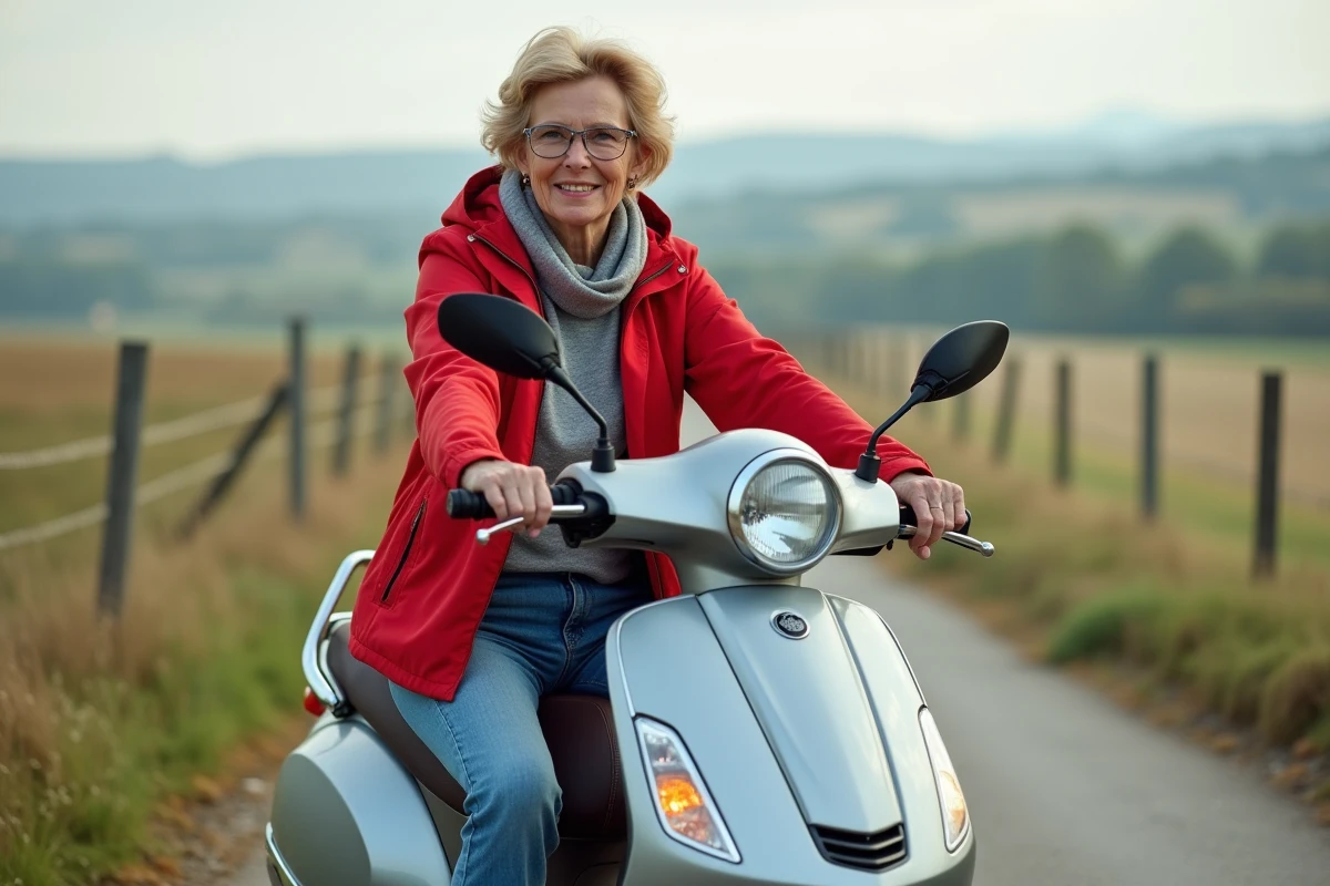 Femme à scooter dans la campagne ouverte