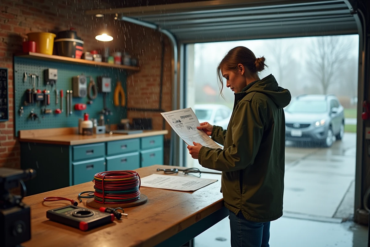 Femme consultant un schéma de câblage étanche pour prise remorque dans un garage avec vue sur la pluie extérieure