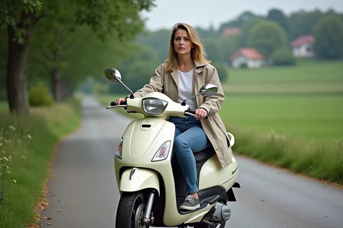 Femme en balade à scooter dans la campagne