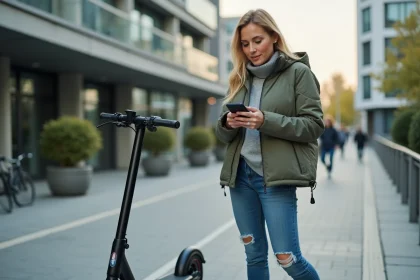 Femme urbaine avec scooter et smartphone en extérieur