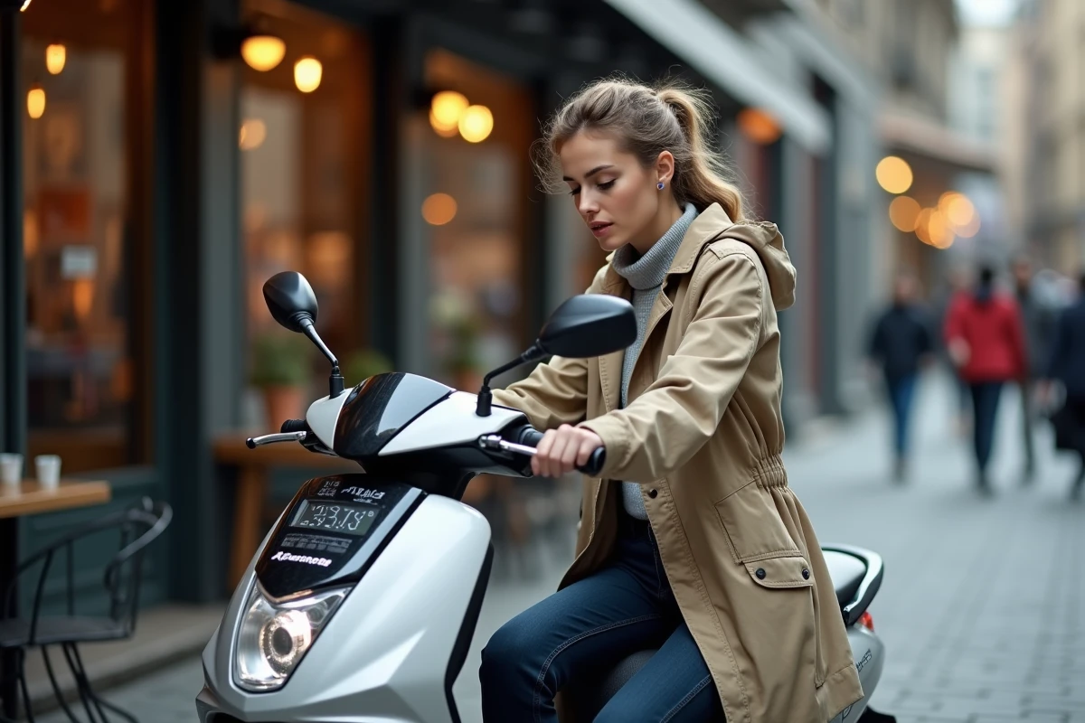 Femme v&eacute;rifiant tableau de bord scooter en ville
