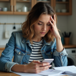 Prime covoiturage non reçue : raisons et solutions pour récupérer votre prime Femme en cuisine regardant son smartphone avec souci