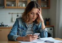 Femme en cuisine regardant son smartphone avec souci