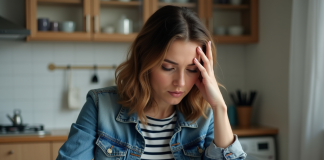 Femme en cuisine regardant son smartphone avec souci