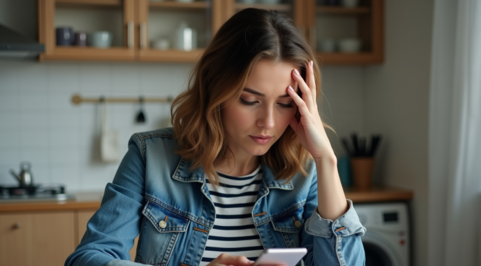 Prime covoiturage non reçue : raisons et solutions pour récupérer votre prime Femme en cuisine regardant son smartphone avec souci