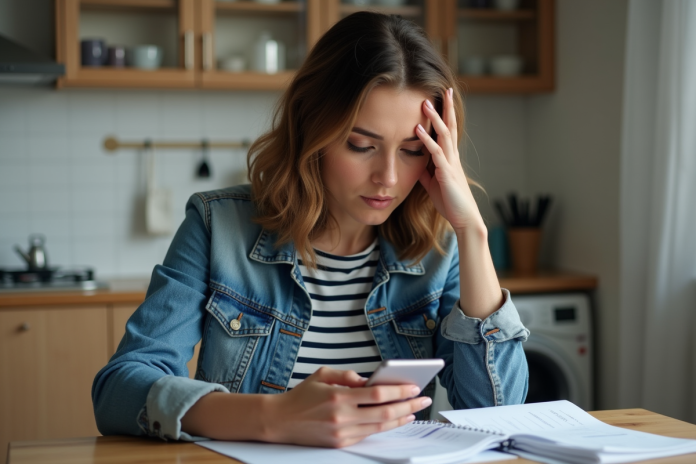 Femme en cuisine regardant son smartphone avec souci