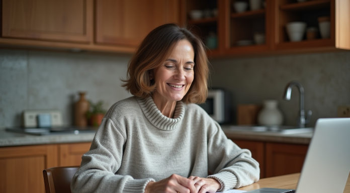 Femme souriante examinant des documents de garantie à la maison