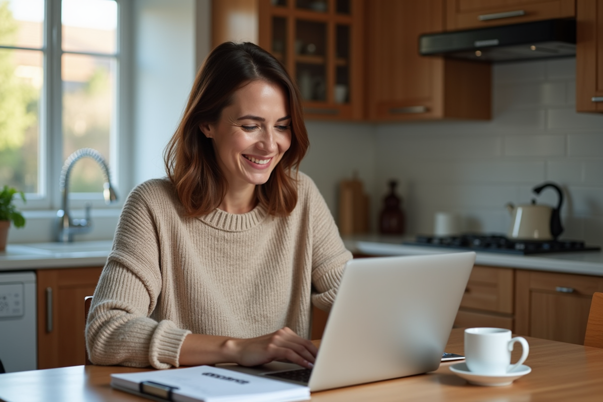 Femme souriante travaillant sur son ordinateur à la cuisine