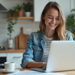 BSR gratuit : comment l’obtenir facilement ? Jeune femme souriante utilisant un ordinateur avec formulaires français
