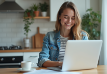 BSR gratuit : comment l’obtenir facilement ? Jeune femme souriante utilisant un ordinateur avec formulaires français