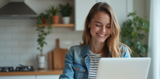 BSR gratuit : comment l’obtenir facilement ? Jeune femme souriante utilisant un ordinateur avec formulaires français