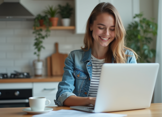 BSR gratuit : comment l’obtenir facilement ? Jeune femme souriante utilisant un ordinateur avec formulaires français