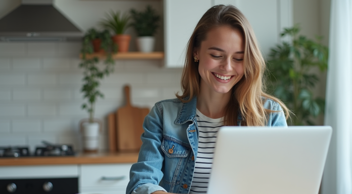 Jeune femme souriante utilisant un ordinateur avec formulaires français