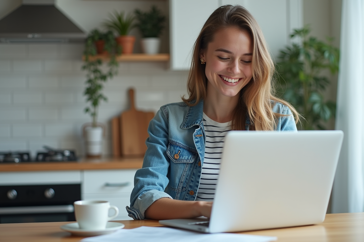 Jeune femme souriante utilisant un ordinateur avec formulaires français