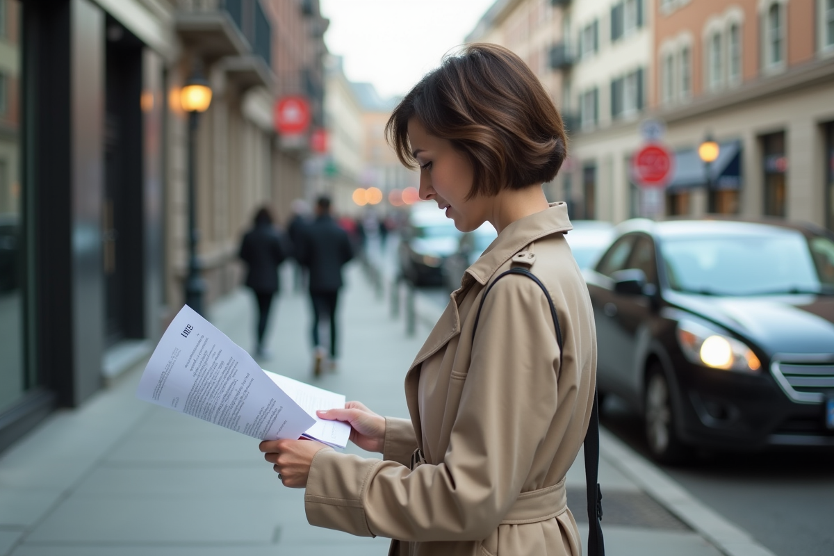 Femme en trench-coat examinant des documents d