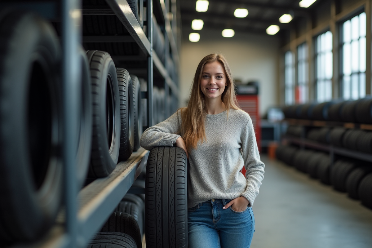 Jeune femme souriante tenant un pneu dans un atelier de pneus