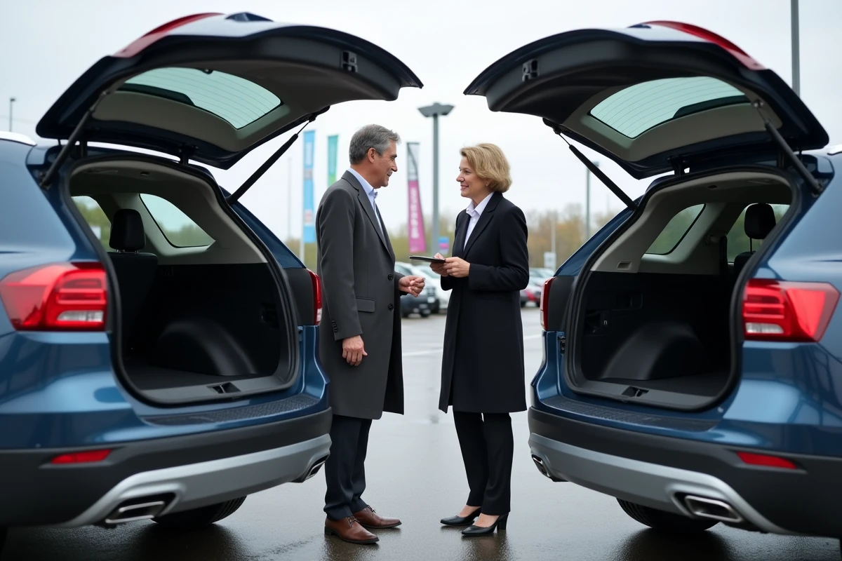 Femme d affaires compare deux coffres de SUV en concession