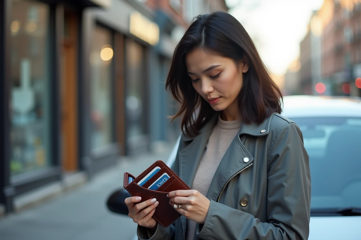 Femme vérifiant la date de délivrance de son permis de conduire dans son portefeuille avant un contrôle