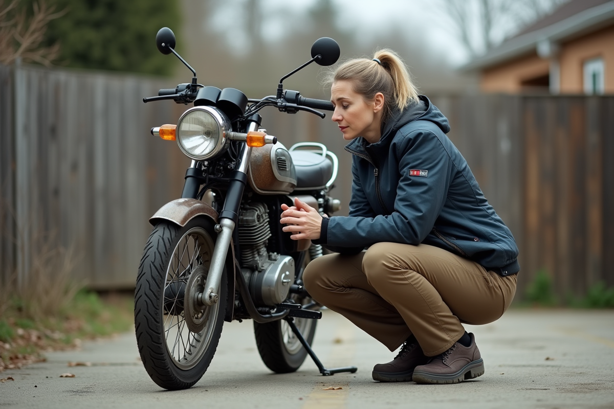 Femme inspecte une moto usagée 125cc dans une cour résidentielle