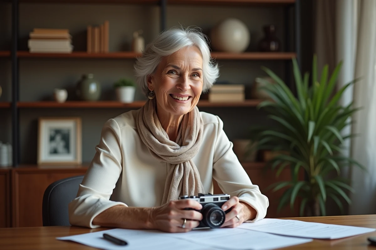 Femme élégante avec appareil photo vintage et documents
