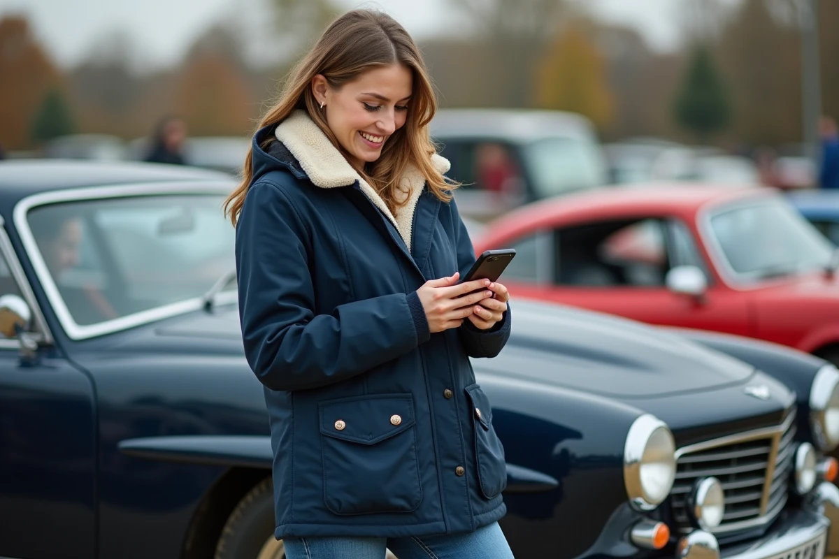 Jeune femme regardant son smartphone pr&egrave;s d
