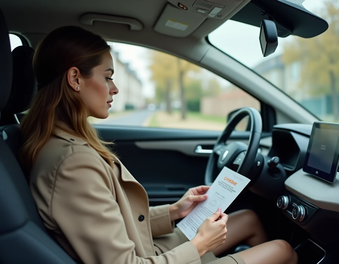 Jeune femme consultant un document Crit'Air dans une voiture électrique garée dans un quartier résidentiel de Rennes