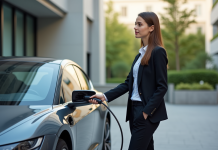 Jeune femme avec voiture électrique en ville