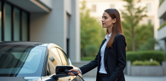 Jeune femme avec voiture électrique en ville