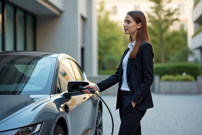 Jeune femme avec voiture électrique en ville