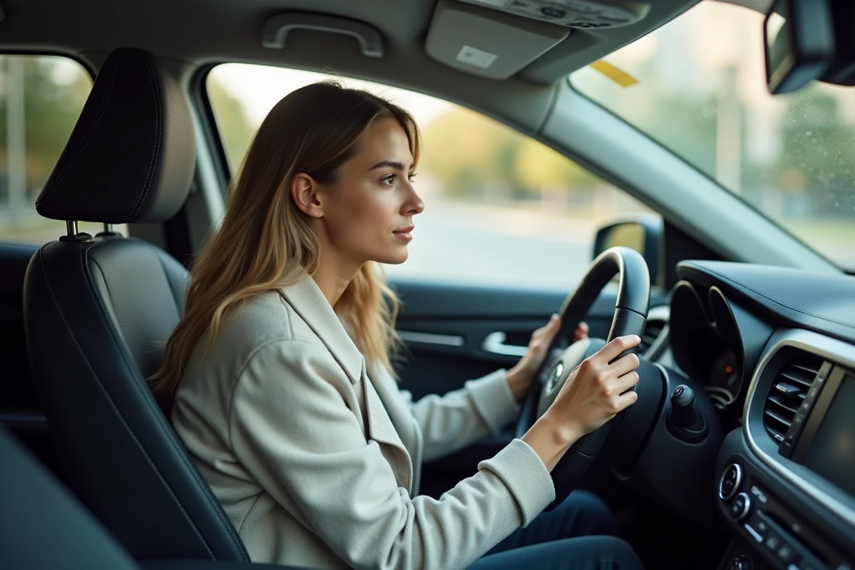 Jeune femme dans l SUV regardant le tableau de bord