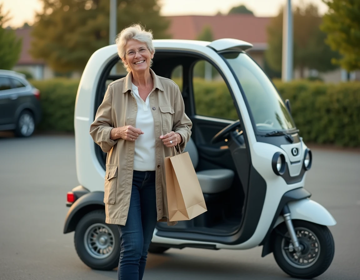 Femme quinquagénaire sortant d'une voiture sans permis dans un parking de zone commerciale