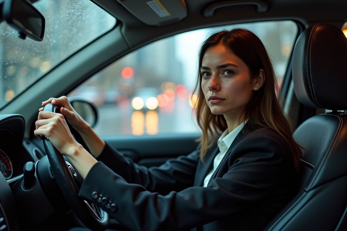 Femme exaspérée dans sa voiture en panne en ville