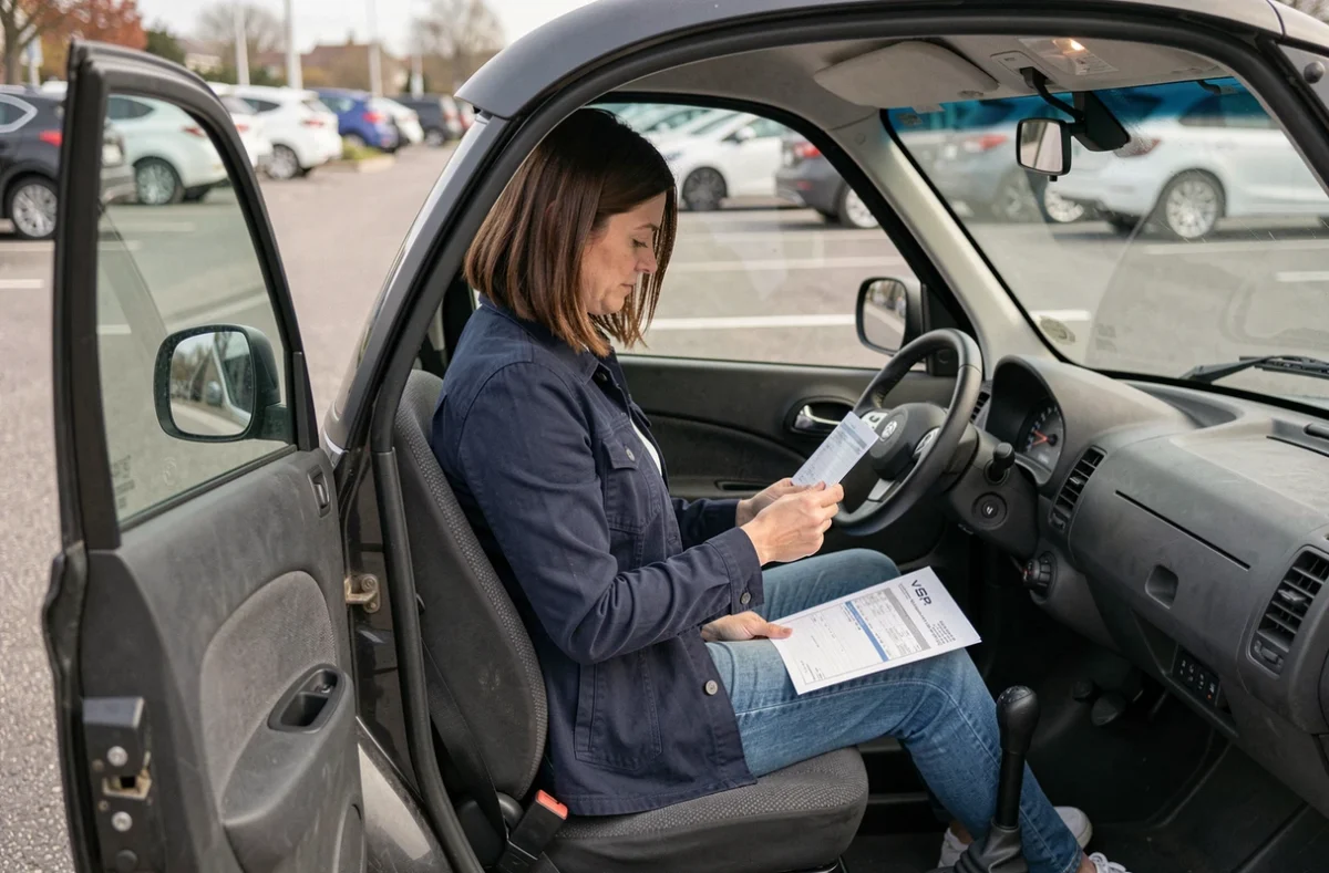 Femme assise dans une VSP louée consultant les tarifs de location d'une voiturette sans permis