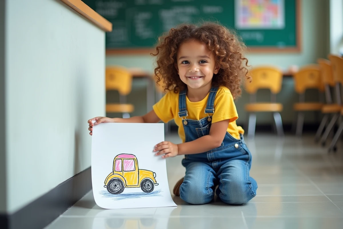 Petite fille souriante montrant son dessin de voiture colorié dans une salle de classe