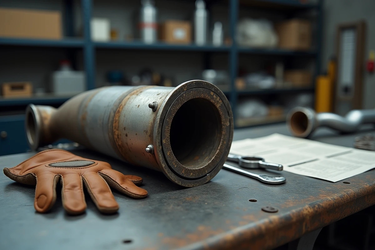 Filtre à particules diesel démonté posé sur un établi d'atelier avec outils mécaniques